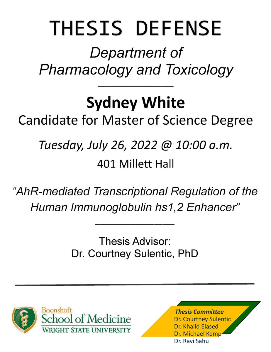 Good morning!  

Please join us on Tuesday, July 26th at 10:00 AM in 401 Millett Hall for the thesis defense presentation from PTX MS student, Sydney White. 

If you are unable to join us in person, please feel free to log on to WebEx and watch virtually:

wright.webex.com/meet/corinne.t…