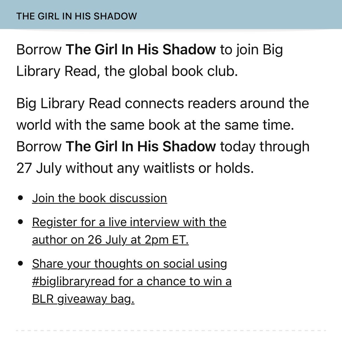 GreenwichLibs's tweet photo. Join the #BigLibraryRead #BookClub on Libby! @LibbyApp Use your #Greenwich #Library card to download your copy of ‘The Girl in His Shadow’ by #AudreyBlake in eBook or eAudio format with no waiting list! 📚 https://t.co/oD0Vtns7G1 @Royal_Greenwich @Better_UK #LoveReading https://t.co/dhfm97z7Qy