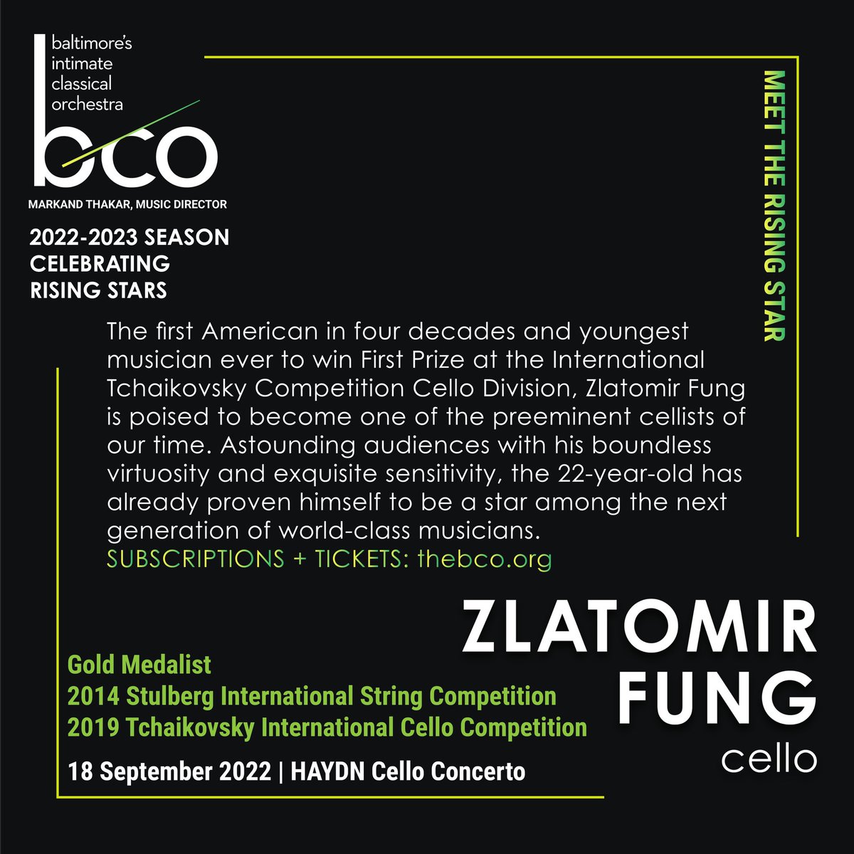 BaltChamOrch's tweet image. ￼
Celebrating Rising Stars ★ Subscriptions, Tickets, Full Information NOW at thebco.org
￼Meet the Rising Star ~ #ZlatomirFung 
Watch his gold medal winning performance in the 2019 International Tchaikovsky Competition youtu.be/I9K4wGOTaUg