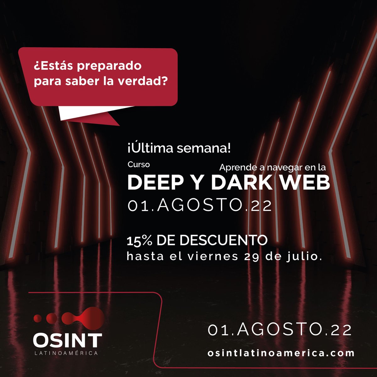 OSINTLatam's tweet photo. Aprovecha nuestro descuento y separa los mitos de la verdad sobre la Deep Web, descubriendo su utilidad y cómo aplicarla a tu profesión. https://t.co/vCYB71p7kc