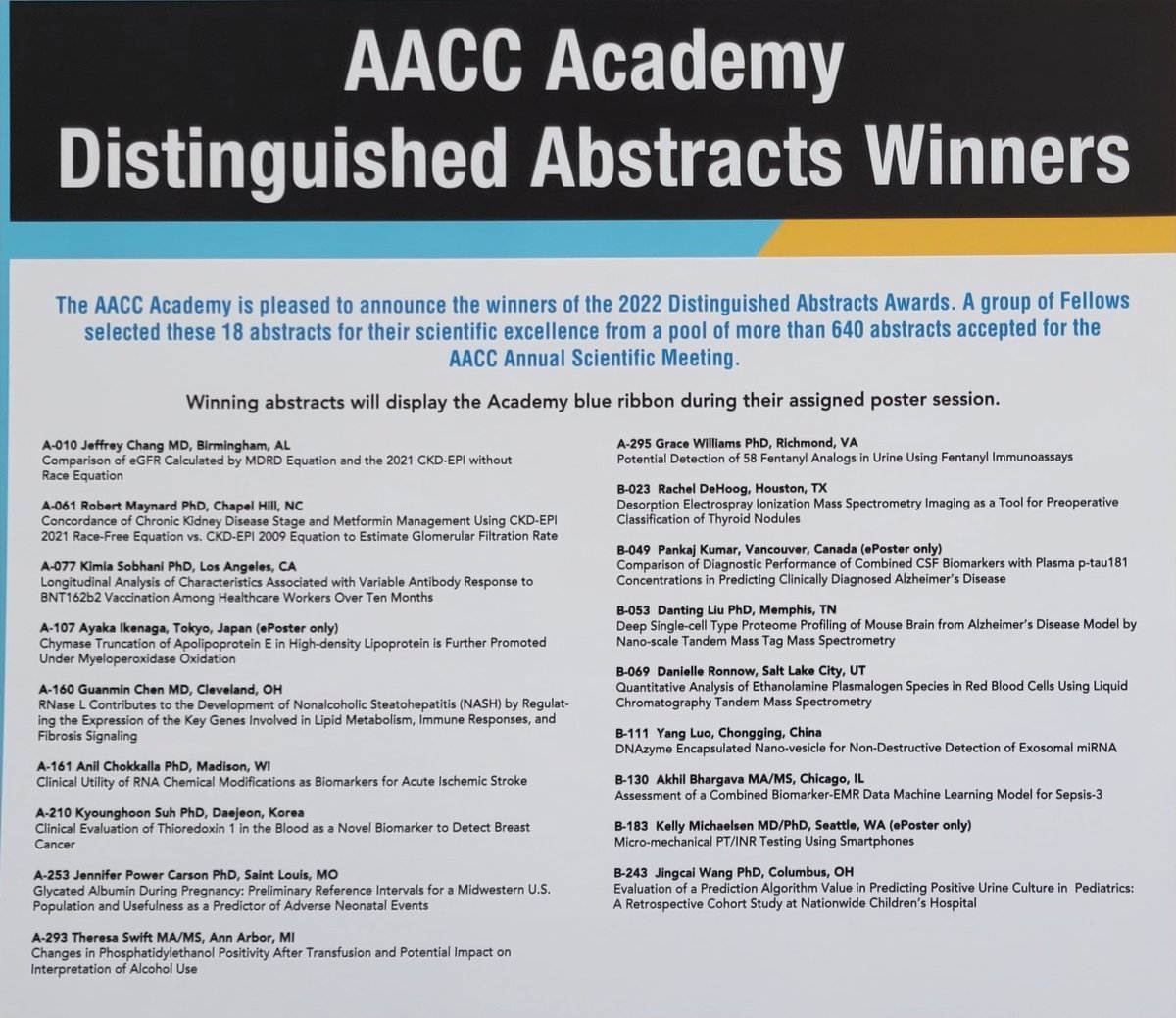 DustinRBunch's tweet photo. Congratulations Dr. Jingcai Wang for a distinguised abstract! #2022AACC @MyNameIsAmyP @NCHforDocs https://t.co/IQDPJbDOWa