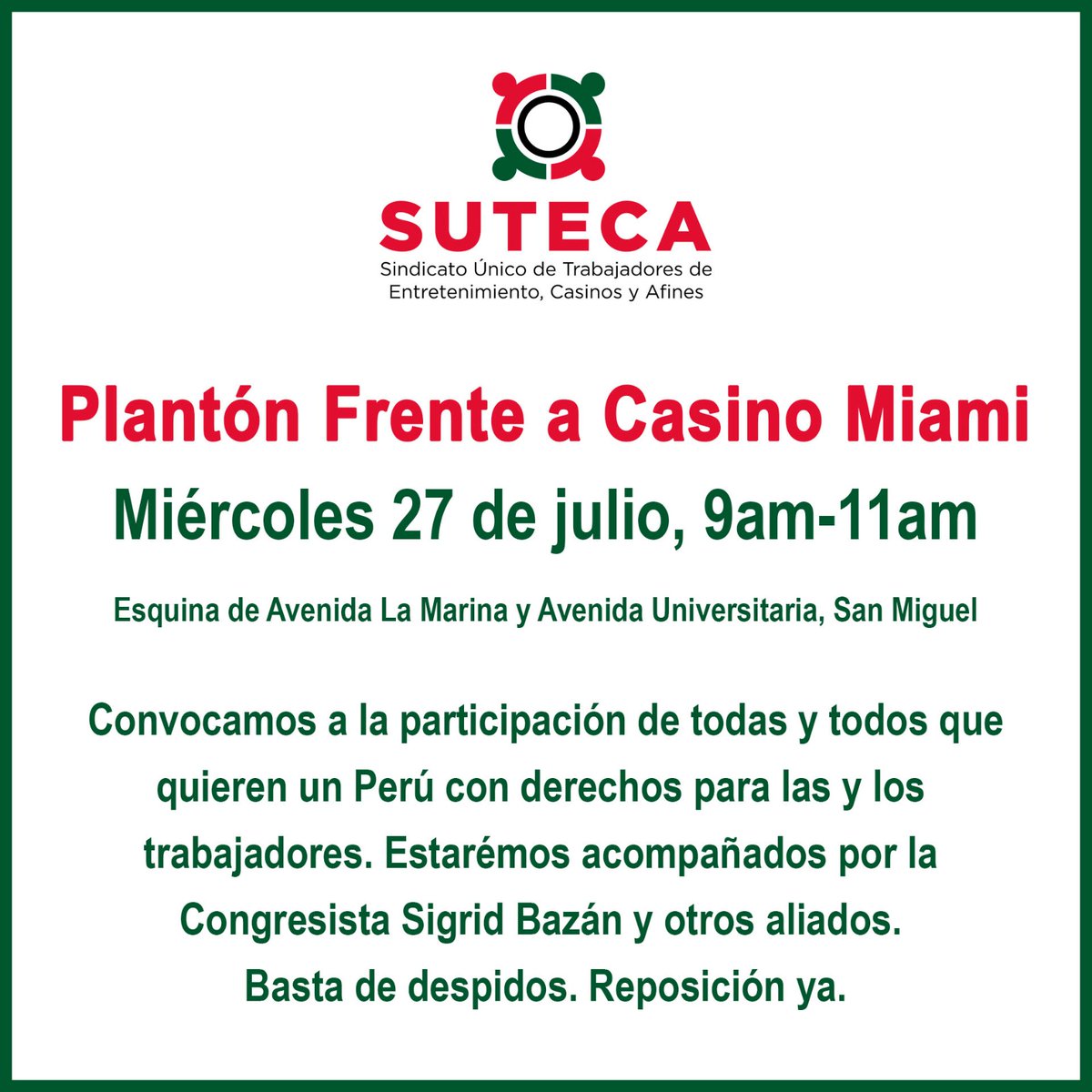 uniamericas's tweet photo. 🇵🇪Lxs esperamos este miércoles frente al @CasinoMiamiPE contra los despidos arbitrarios, por un Perú que defienda las libertades y derechos de lxs trabajadorxs.
🗓️27/7
⏰9-11 am

Nos acompaña la congresista @sigridbazan 
#reposicionya https://t.co/JG3jqZEwje
