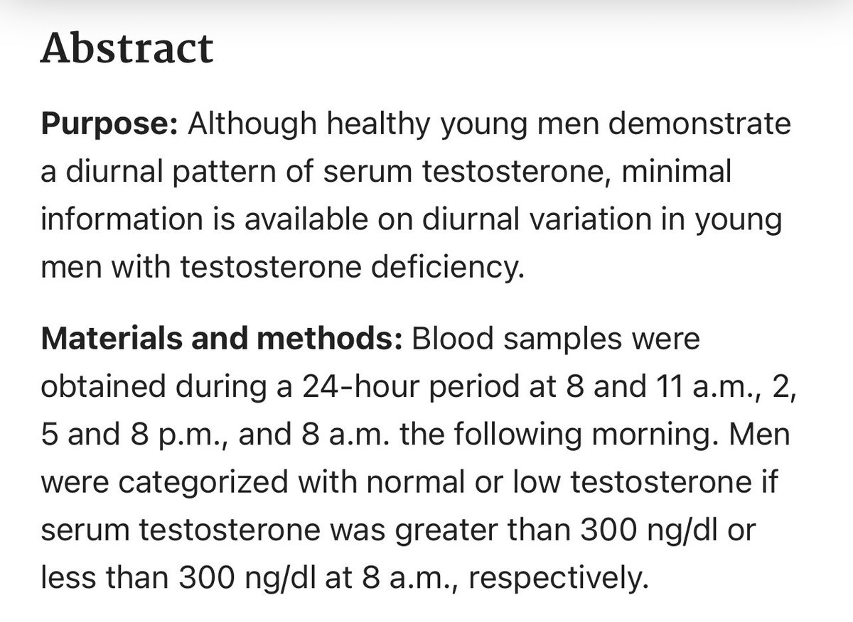 Grimhood's tweet photo. Absent Diurnal Variation in Serum Testosterone in Young Men with Testosterone Deficiency https://t.co/2RYRQSMVil

Small sample size but fascinating paper that links circadian dysregulation (blue light toxicity + sunlight deficiency) to testosterone deficiency. https://t.co/AAyPmeHfBs