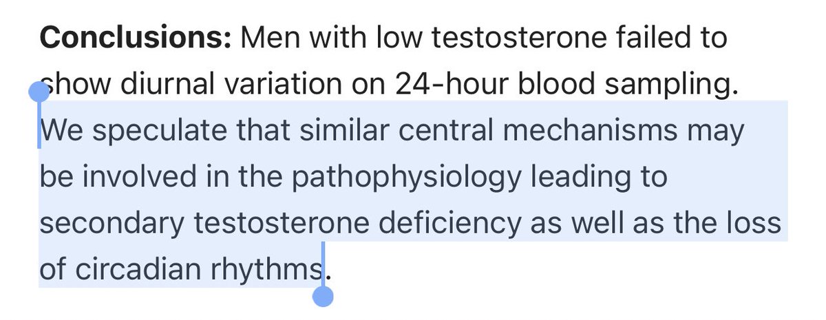 Grimhood's tweet photo. Absent Diurnal Variation in Serum Testosterone in Young Men with Testosterone Deficiency https://t.co/2RYRQSMVil

Small sample size but fascinating paper that links circadian dysregulation (blue light toxicity + sunlight deficiency) to testosterone deficiency. https://t.co/AAyPmeHfBs