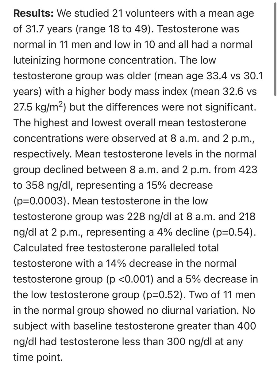 Grimhood's tweet photo. Absent Diurnal Variation in Serum Testosterone in Young Men with Testosterone Deficiency https://t.co/2RYRQSMVil

Small sample size but fascinating paper that links circadian dysregulation (blue light toxicity + sunlight deficiency) to testosterone deficiency. https://t.co/AAyPmeHfBs