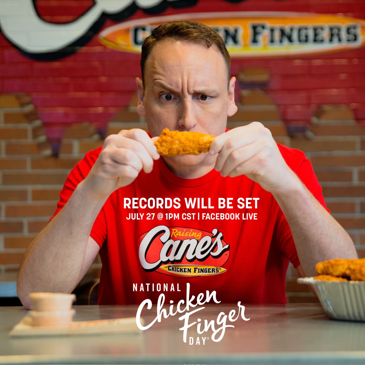 Joey Chestnut (@joeyjaws) on Twitter photo Getting ready for my next challenge with <a href="/raisingcanes/">Raising Cane's</a> on National Chicken Finger Day. Tune in July 27th 1pm CST, Facebook Live... five minutes to eat as many chicken fingers as I can. Getting ready for my next challenge with <a href="/raisingcanes/">Raising Cane's</a> on National Chicken Finger Day. Tune in July 27th 1pm CST, Facebook Live... five minutes to eat as many chicken fingers as I can.