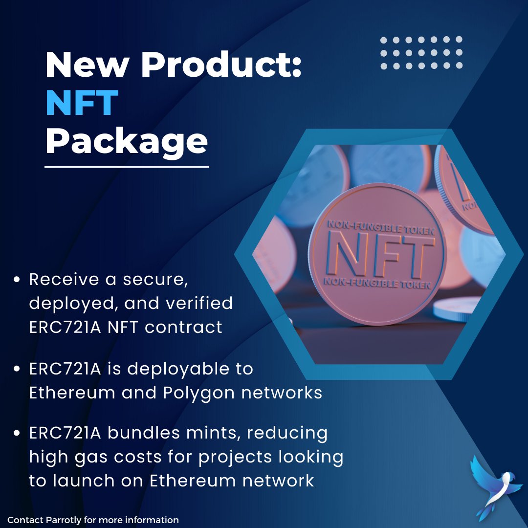 ParrotlyFinance's tweet image. Parrotly is now offering an #NFT Package, aiming to help make #DeFi better by giving projects access to high-quality, audited code to launch their NFTs as smoothly as possible. 
If you or anyone you know is looking to launch an NFT project, contact Parrotly about our new product!