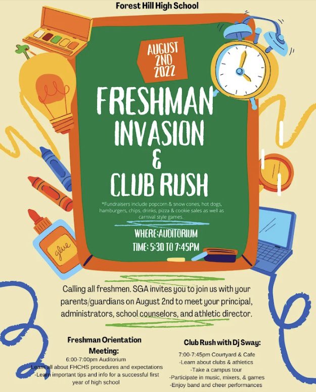 📣 Calling all Freshmen! SGA is hosting Freshman Invasion - Orientation and Club Rush - Night on August 2nd. RSVP at l.sdpbc.net/di4p5 #FalconAwesome