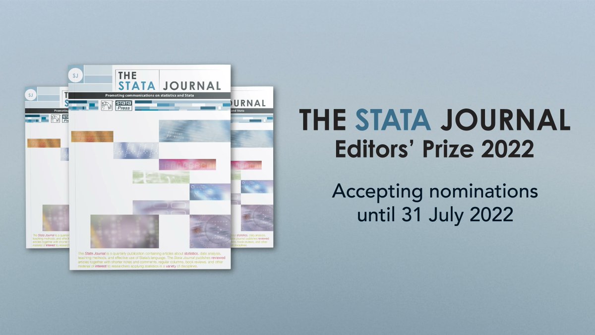 Stata's tweet photo. Do you have a favorite #StataJournal author? Nominate them for the Stata Journal Editors’ Prize 2022.
Nominations are due no later than Sunday, 31 July. https://t.co/s8r5iUpqCQ https://t.co/kqGZRmcbGK