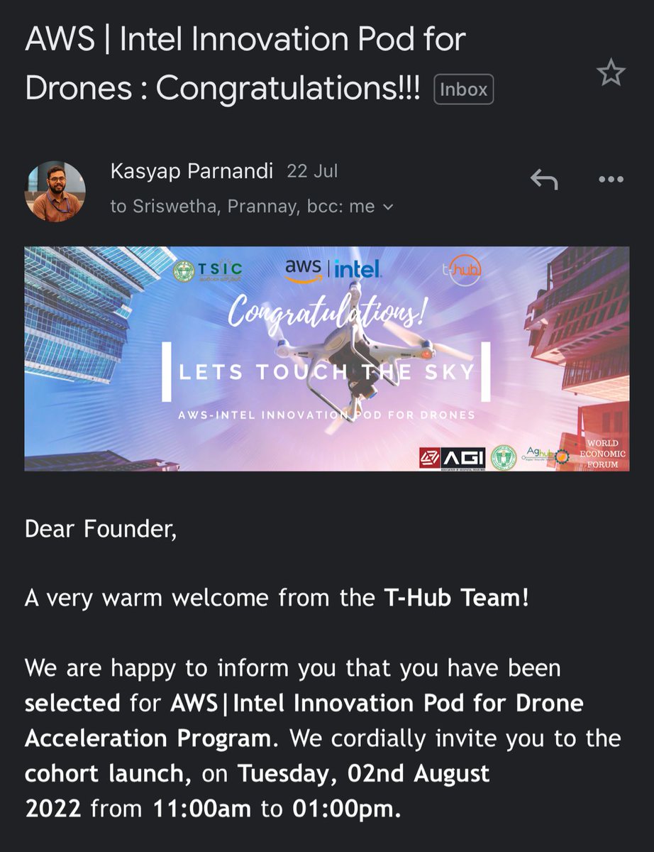 We've been selected among the TOP 10 Drone start-ups in 🇮🇳 by Amazon AWS &amp; Intel in association with Telangana Govt and World Economic Forum! Need your best wishes for the event!