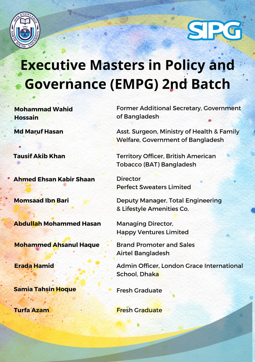 SIPG_NSU's tweet photo. 🎉 Congratulations to EMPG 2nd Batch for starting their classes!
Wishing you a successful journey at SIPG, NSU!
🔗 The EMPG 2nd Batch students' profiles are listed here.
#SIPG #Policy #Governance #SouthAsia #executivemasters #publicpolicy #publicadministration https://t.co/j5LqlHF1B8