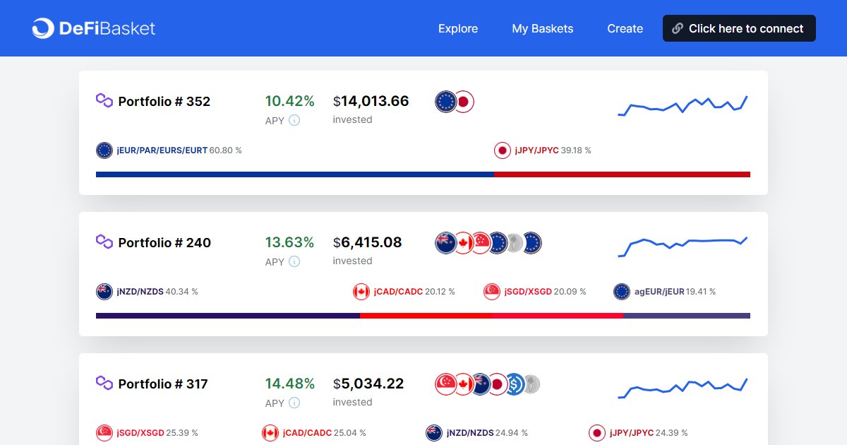 Our on/off ramp is now live on @DeFiBasketLabs!

💡 The platform lets you invest with a single transaction in multi-token, multi-protocol strategies that you create or copy from others.

👉 Check it out on: defibasket.org