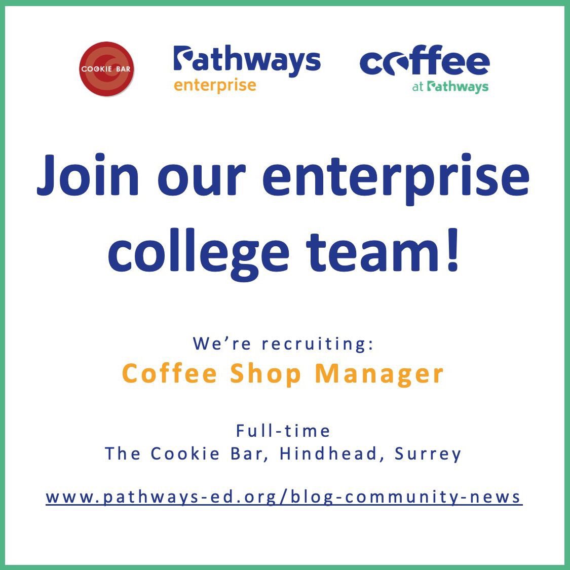📣 We're hiring 📣 Coffee Shop Manager for The Cookie Bar, a well-loved community café in Surrey.
We're looking for someone who is as passionate about people and learners as they are about delicious food and drinks #surreyjobs pathways-ed.org/post/vacancy-c…