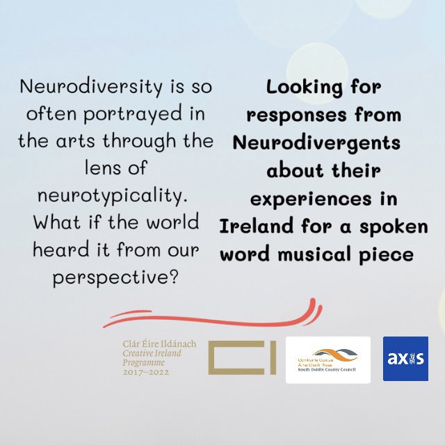 Calling all neurodivergents in Ireland to share their experiences! forms.gle/CbfHZJSoef7SKz…

Very grateful to have received funding from <a href="/creativeirl/">Creative Ireland</a> <a href="/SDCCArts/">SDCC Arts Office</a> Incubation Award and support from <a href="/axisBallymun/">axis Ballymun</a> Axis Assemble for this project 💜 #ActuallyAutistic