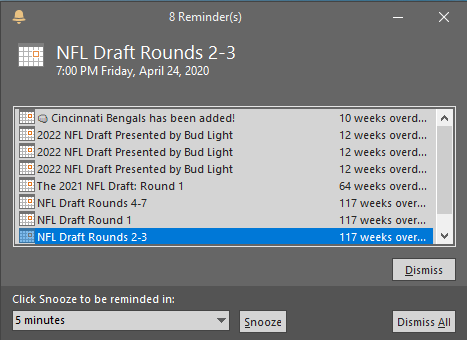 This randomly just popped up on my Outlook..... I guess I am a little late for the 2020 NFL Draft.  I hope the rumors were true and the #Bengals went with @JoeyB.  I hear good things about this Joe Burrow guy. https://t.co/ChIHRhlVb6