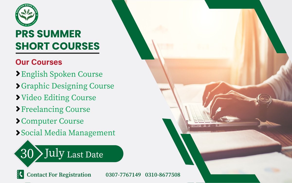 youth_prs's tweet photo. PRS E LEARNING and Talent Hub Offering Summer Courses for the students from all Over Pakistan 
These Summer Courses Includes 

⚫ English Spoken Course
⚫ Graphic Designing Course
⚫ Video editing Course
⚫ Freelancing Course 
⚫ Social Media Management Course
⚫ Computer Course https://t.co/9nfiRG8sqm