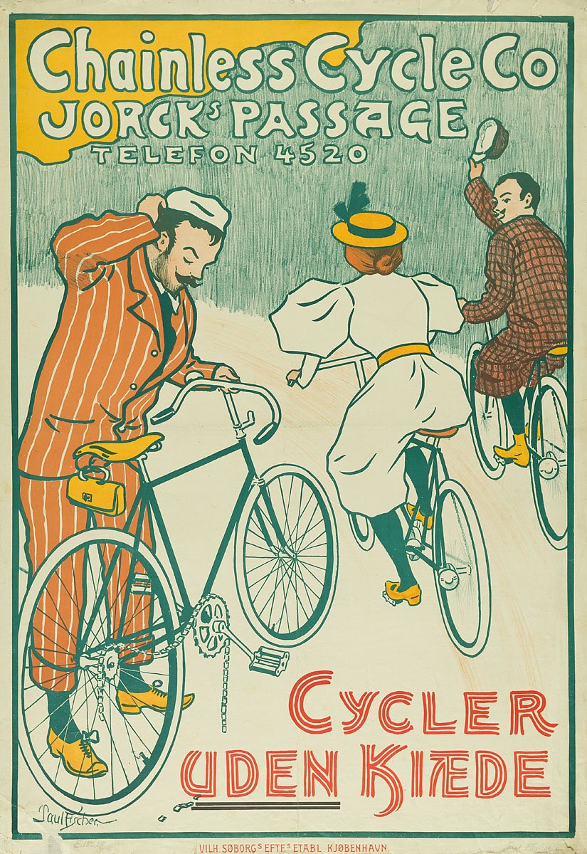 No todos los ciclistas son futuristas, algunos podrían llamarse «pasados» no importa, la edad posterior al petróleo se parecerá mucho a la edad previa al petróleo. Art: ‘Cykler uden kæde’ 1896, por Paul Fischer.