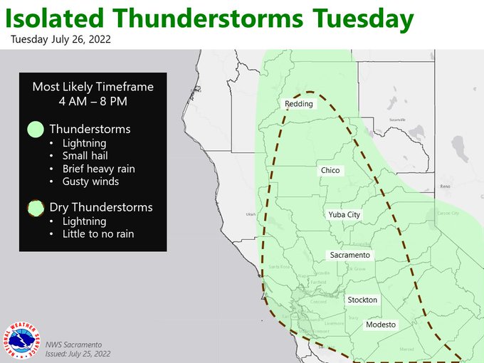 Isolated thunderstorms Tuesday. Most likely timeframe 4 am to 8 pm. Thunderstorms: small hail, lightning, gusty winds, brief heavy rain. Dry thunderstorms: lightning, little to no rain. This map shows the chances over the entire Sacramento Valley, northern San Joaquin Valley, Delta, Coastal Range and Sierra.