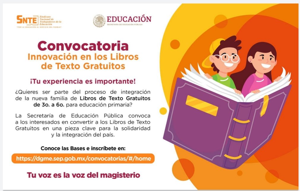 #TuSaberSeNecesita 👩‍🏫📒👨‍🏫

📍 El libro de texto gratuito es estandarte de la política educativa 📔 Aportar a la nueva familia de libros de Tercero a Sexto Grado 👦📖👧 es una oportunidad para maestras y maestros #SNTE 📚

‼️Regístrate‼️
CONVOCATORIA 👉 bit.ly/3oqCcXK 📜