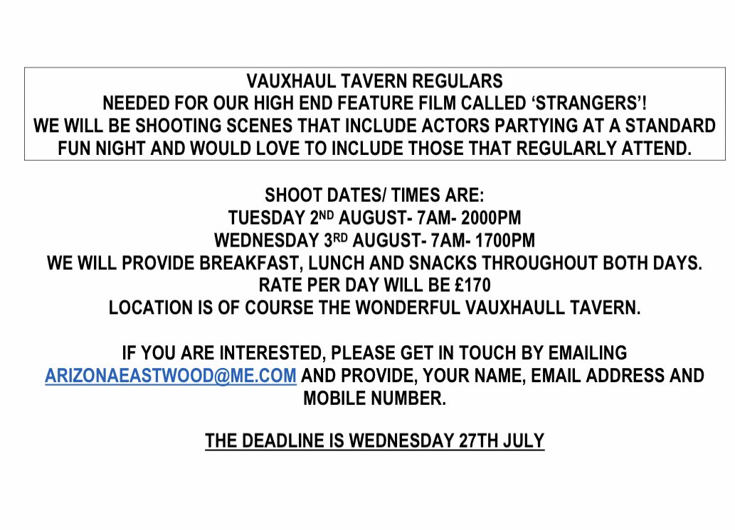 🚨 RVT regulars needed for high end feature film called “Strangers”. 

📆 Tues 2nd (7am - 8pm), Weds 3rd Aug (7am - 5pm).

📧 arizonaeastwood@me.com

Please RT!