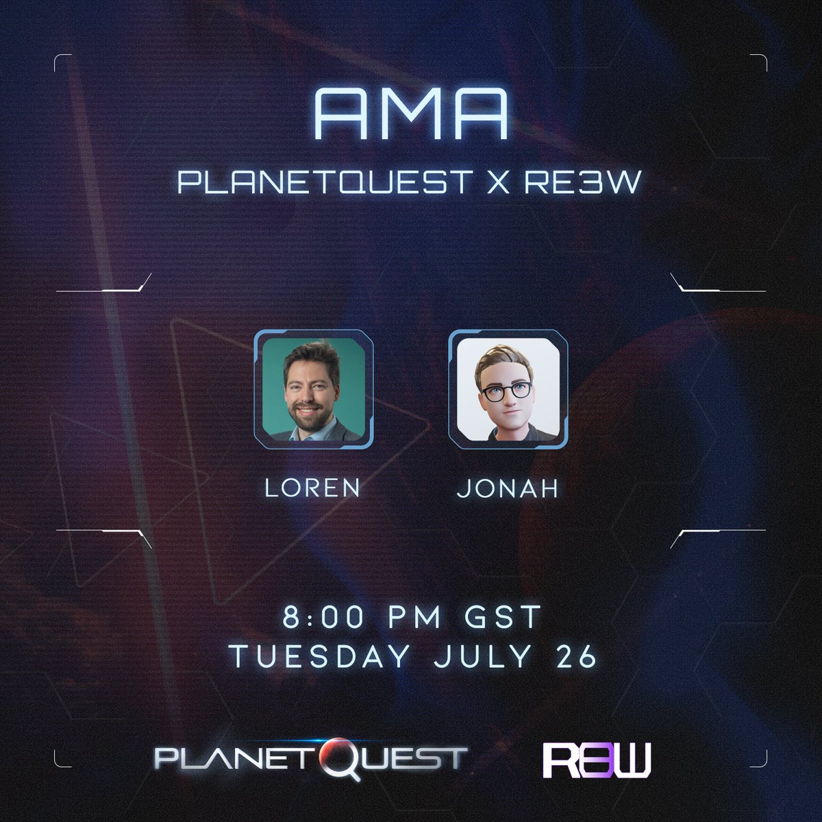 JoinPlanetQuest's tweet image. Ready for an AMA of epic proportions? Say no more! Tune in on .@realthirdweb Twitter Spaces on July 26th, 8PM GST, for a discussion around all things digital asset development, property bundling, and #PQtea with Loren and RE3W’s CEO Jonah Blake! 🎙