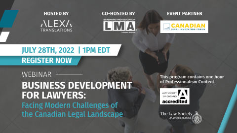 LMAcanada's tweet photo. Don’t miss our panel of industry experts from LexGO, @AirdBerlis, @AudienceView, TMX, @INQLaw, and @alexatranslate as they discuss the challenges and opportunities facing BD teams in the evolving Canadian legal landscape. – https://t.co/Yk6xpYrKkj
#LMAMkt #LMAExec #LMANext https://t.co/oyjSURogmZ