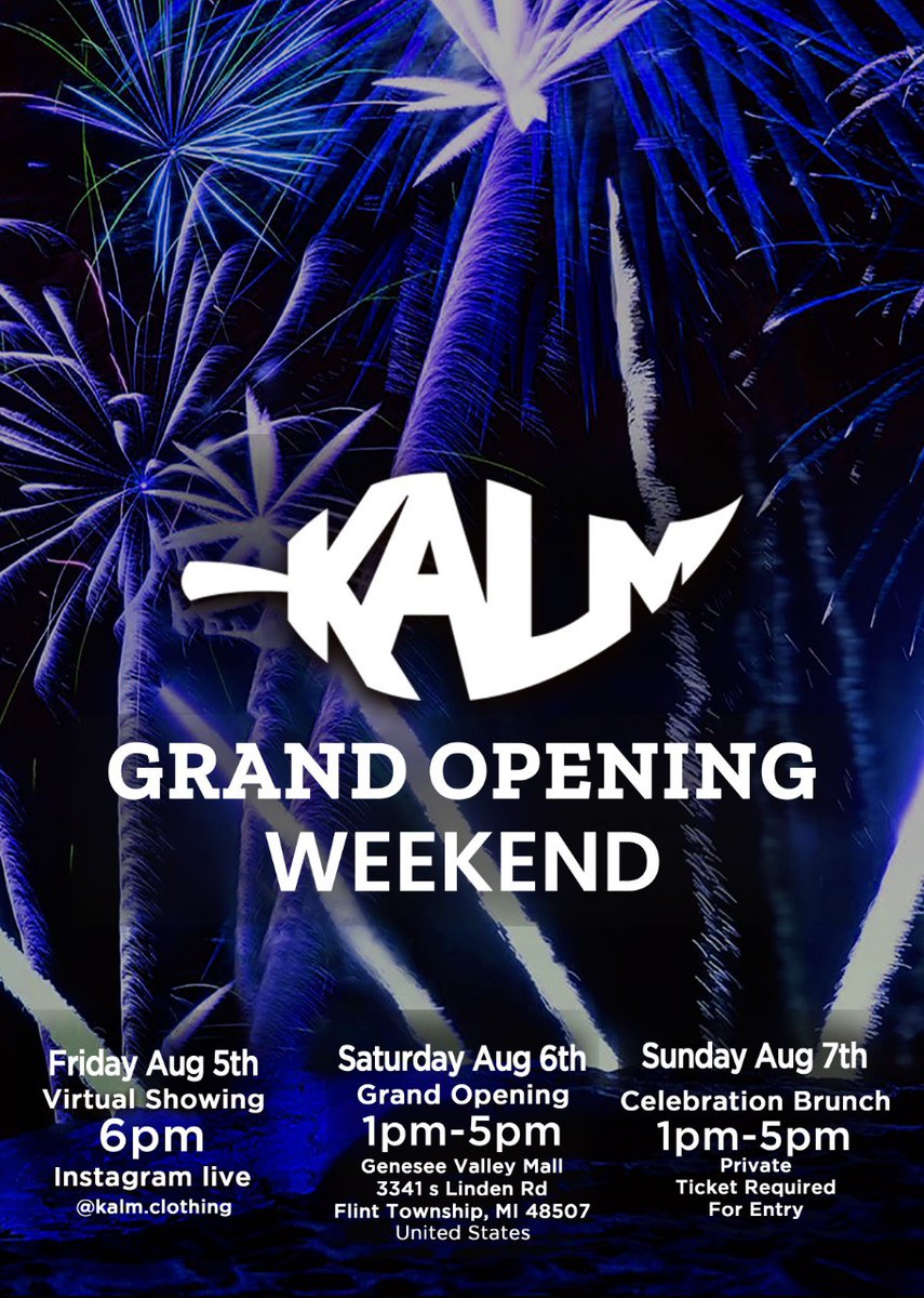 Proud to return with the opening of the first Flagship Kalm Store 🔥

Aug 5th - 7th

Gonna be a hell of a weekend, don't miss it!

#GrandOpening 
#kalmclothing
#creatingbeyondlimitations