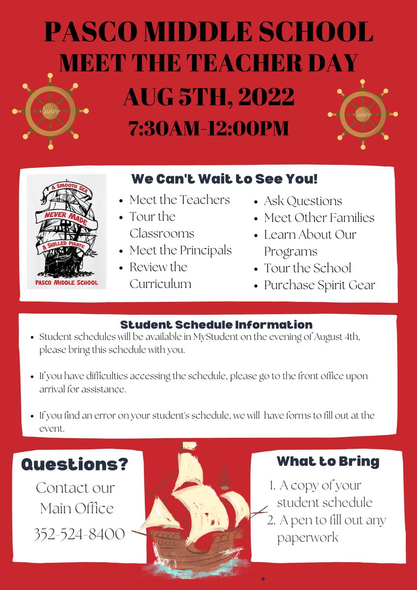 PIRATE FAMILIES - IMPORTANT MEET THE TEACHER DAY UPDATE‼️

In order to provide our teachers with more time for planning and preparation to welcome your children back to school on August 10th, we have adjusted the times for Meet the Teacher Day. Thank you for understanding!