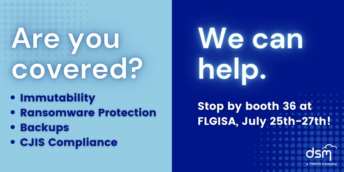 Happy Monday 👋

If you are headed to FLGISA this week, stop by to see us! 🔒

#FLGISA #ransomware #databackups #dataprotection #CJIScompliance #flgovernment #governmentIT