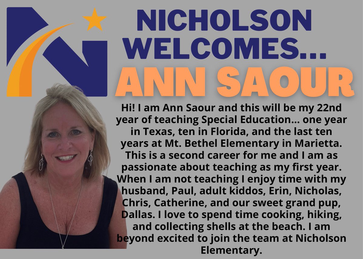 Nicholson is excited to welcome our amazing new staff members this year!

<a href="/NicholsonEleme2/">Nicholson Elementary</a> <a href="/hoilmanf1/">Faith Harmeyer</a> <a href="/CourtneyKelly05/">Courtney Kelly</a> <a href="/cobbschools/">Cobb County Schools</a>
#nicholsonstars