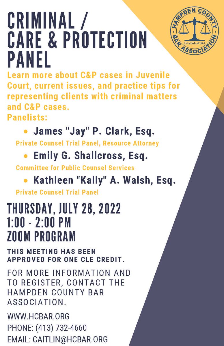 The HCBA Criminal Law Section will host a Criminal / Care &amp; Protection (C&amp;P) Panel this Thursday, July 28th, at 1:00 pm. Earn 1 CLE credit!

…ountybarassociation.growthzoneapp.com/ap/Events/Regi…