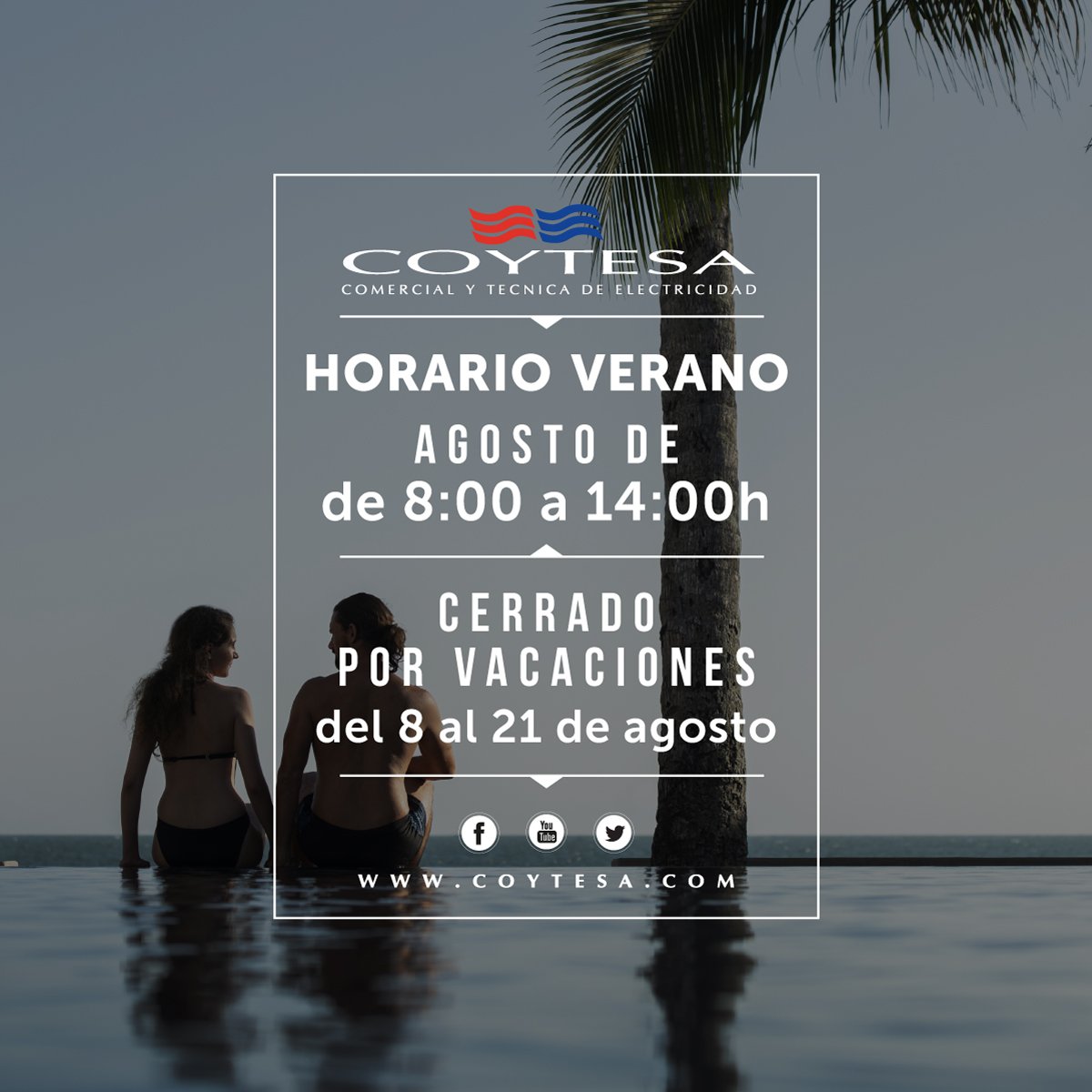 COYTESA's tweet photo. Este Agosto, cerramos del 8 al 21 por vacaciones, el resto de días nuestro horario será de 8:00 a 14:00h. https://t.co/vDlpVVPZXK
