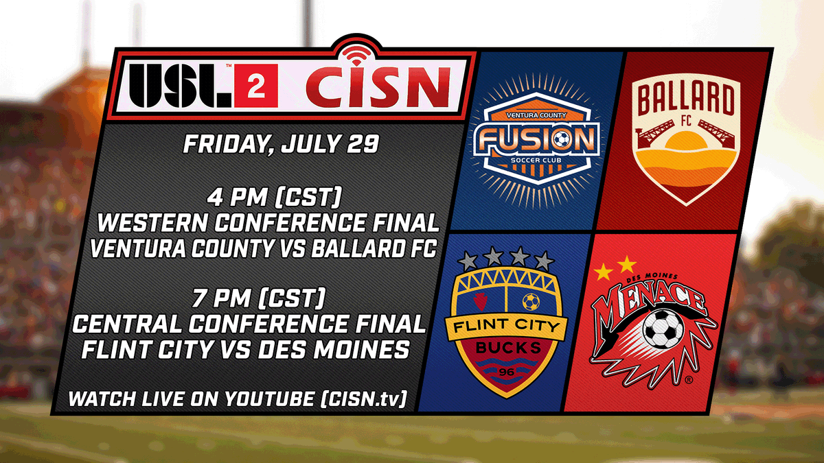 CISNtv's tweet photo. We will have LIVE coverage of the @USLLeagueTwo  Western &amp; Central Conference Finals on Friday night! #Path2Pro 

4 PM (CST): 
@VCFusion vs @GoBallardFC 

7 PM (CST):
@FlintCityBucks vs @MenaceSoccer94 

You can watch LIVE on our YouTube page!
https://t.co/R9VTfkrQeb https://t.co/h9Gt0rMmes