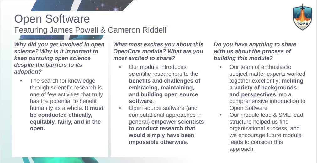 @RiddleMeCam & @dontusethiscode just wrapped up another “NASA Transform to Open Science” meeting! They discussed #openscience and the #OpenSoftware module they helped design for the TOPS mission.

#OpenSource @ToOpenScience

science.nasa.gov/open-science/t…