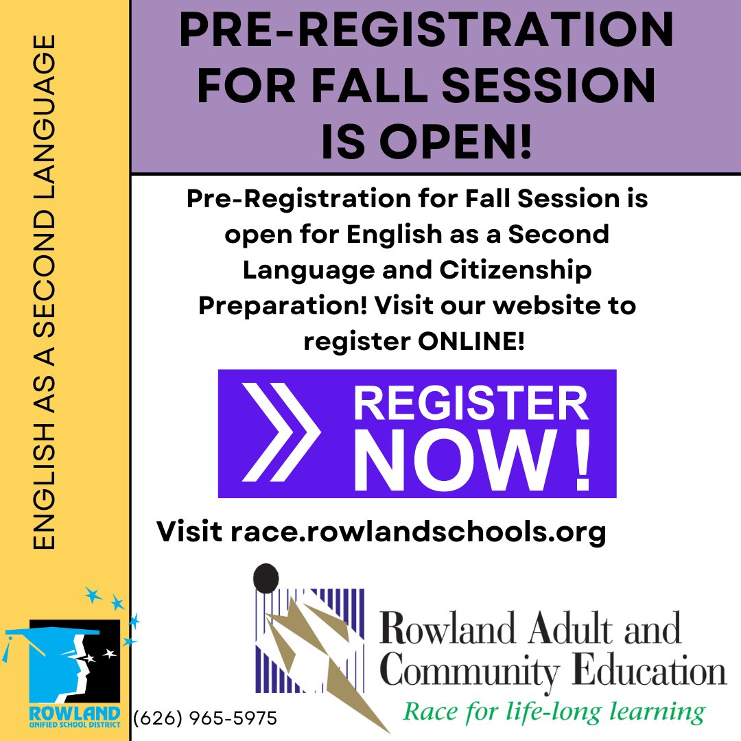 Pre-Registration for English as a Second Language is officially open! 🎉🎉 Click on the link to pre-register from the comfort of your home! bit.ly/3R6vSBJ 
**E-mail required for pre-registration. Registration ends August 5. #MoveAheadwithAdultEd #RACEStrong #WeAreRUSD