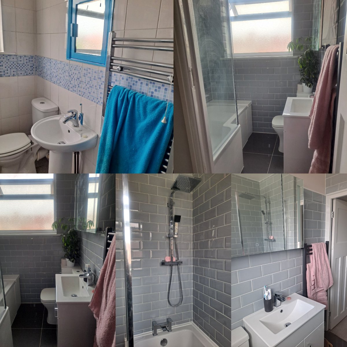 My new bathroom is finished! Gone from old and blue to modern grey and blush pink with metro tiles 🙏🥰 What a fabulous job the builder has done. Very happy indeed! #Bathroom #SmallBathroom #HappyHome