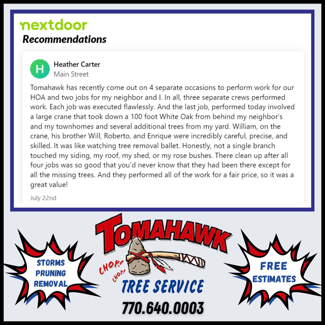 TomahawkTree's tweet image. Thanks Heather for taking the time to post a review of the work our crews have done for you &amp;amp; in your subdivision! We appreciate your business and are grateful for your recommendation!!
.
#treeservice #treeremoval #roswelltreeservice #atlantatreeremoval #roswellga #marietta
