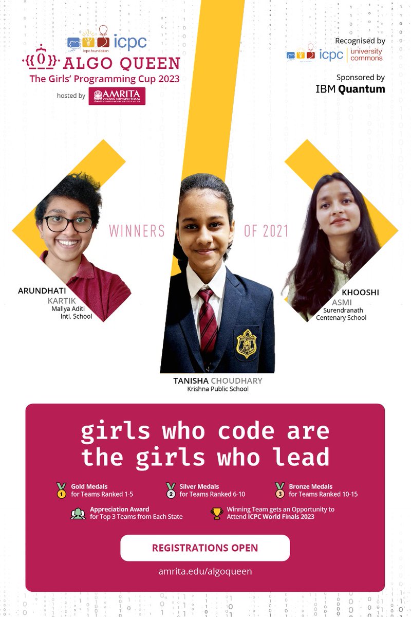 ICPCNews's tweet photo. A first-of-its-kind Global Programming Contest for girls, by girls, of girls! We proudly announce ICPC Algo Queen 2023, hosted by Amrita University. Registration and weekly trainings: https://t.co/SouSlYVDFI
#AlgoQueen #ICPCU
(1/2) https://t.co/XHqe0dMNN7