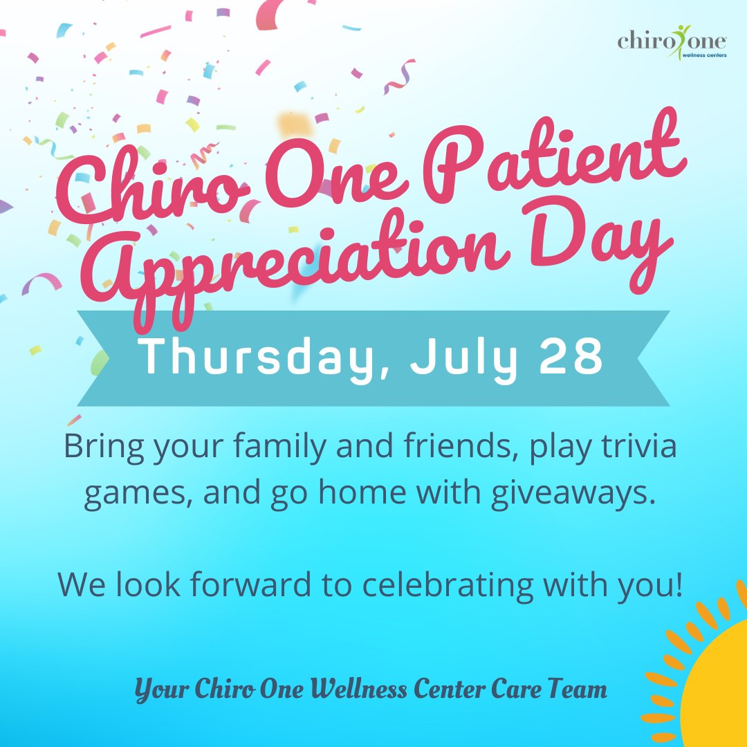 chiroone's tweet photo. It’s a privilege to have you as our patient. To thank you for being part of the Chiro One community, we’re celebrating Patient Appreciation Day, July 28. Join us and have some fun at Chiro One!
#ChiroOne #Chiropractic #LiveYourBestLife https://t.co/qezJsiGQC7