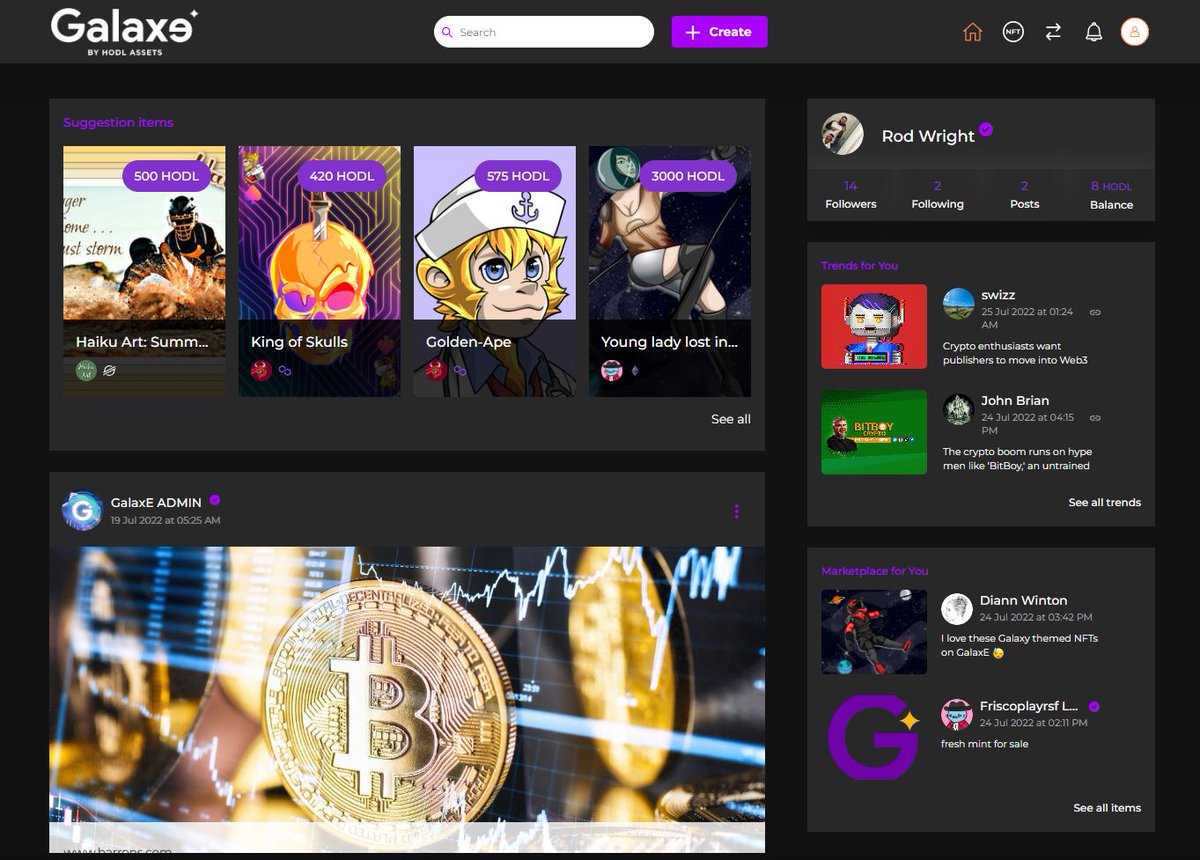 RodSoCold's tweet image. GalaxE.io is the place to be❗️ Imagine opensea &amp;amp; twitter being merged together 🤯 Well thats exactly what @OfficialGalaxE is.. a social #NFT marketplace 😎 Create, purchase, or sell NFTs 🚀 Keep up with the latest posts from some of your favorite artist 👀