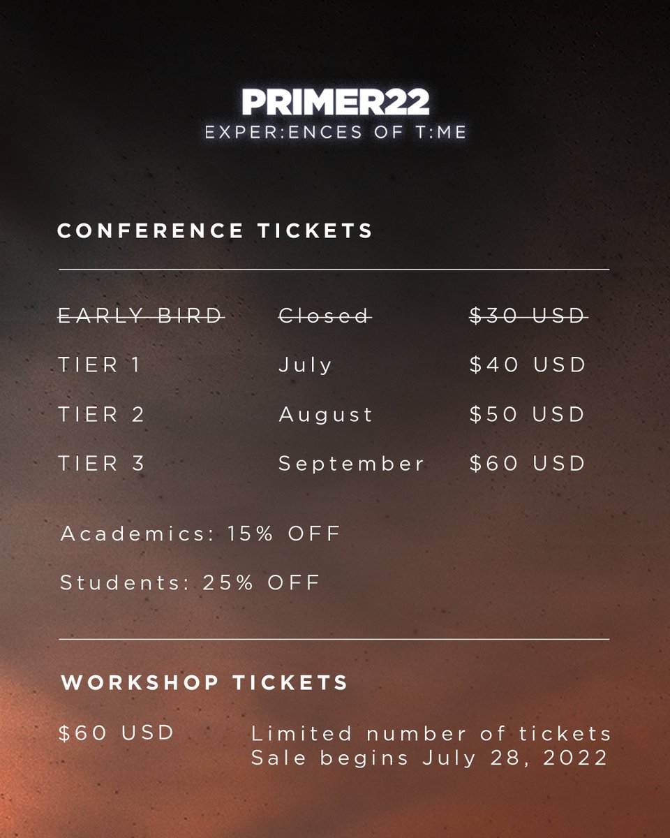 Last week for tier-1 price. 🎫  Buy, share or donate tickets for #PRIMER22 a 4 day program starting September 21, 2022. (100% online)

3 days for conferences and panels
1 day for workshops (sold separately, sale begins on July 28)

Click here linktr.ee/primer_confere…