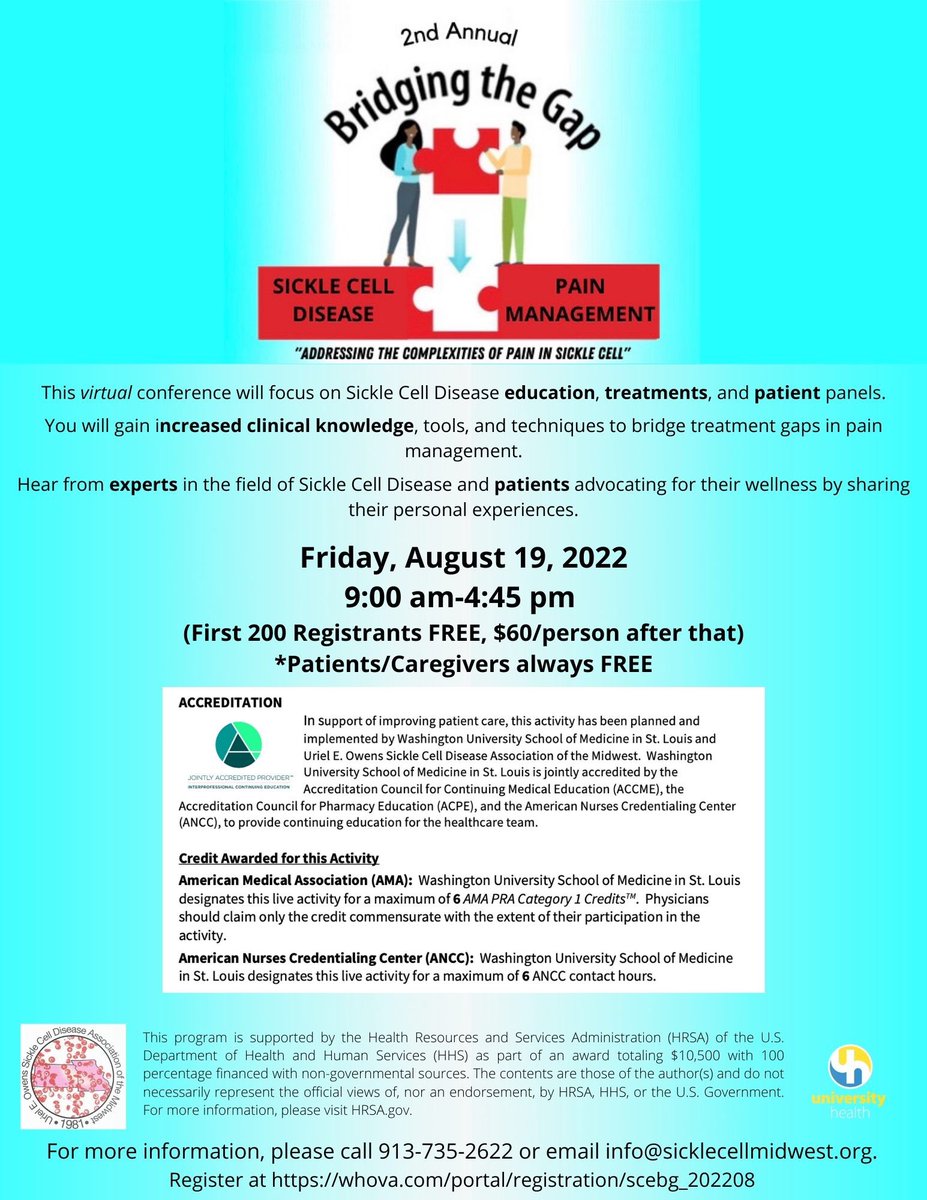 UEOSickleCell's tweet photo. Our Bridging the Gaps II educational program is open for registration! The focus of this program will be Pain Management in SCD. Free registration is limited to the first 200 providers.
Register at https://t.co/nY6Fg29p9M
#SickleCellMidwest #BridgingtheGaps #SCDPainManagement https://t.co/oYEfpnV7PC
