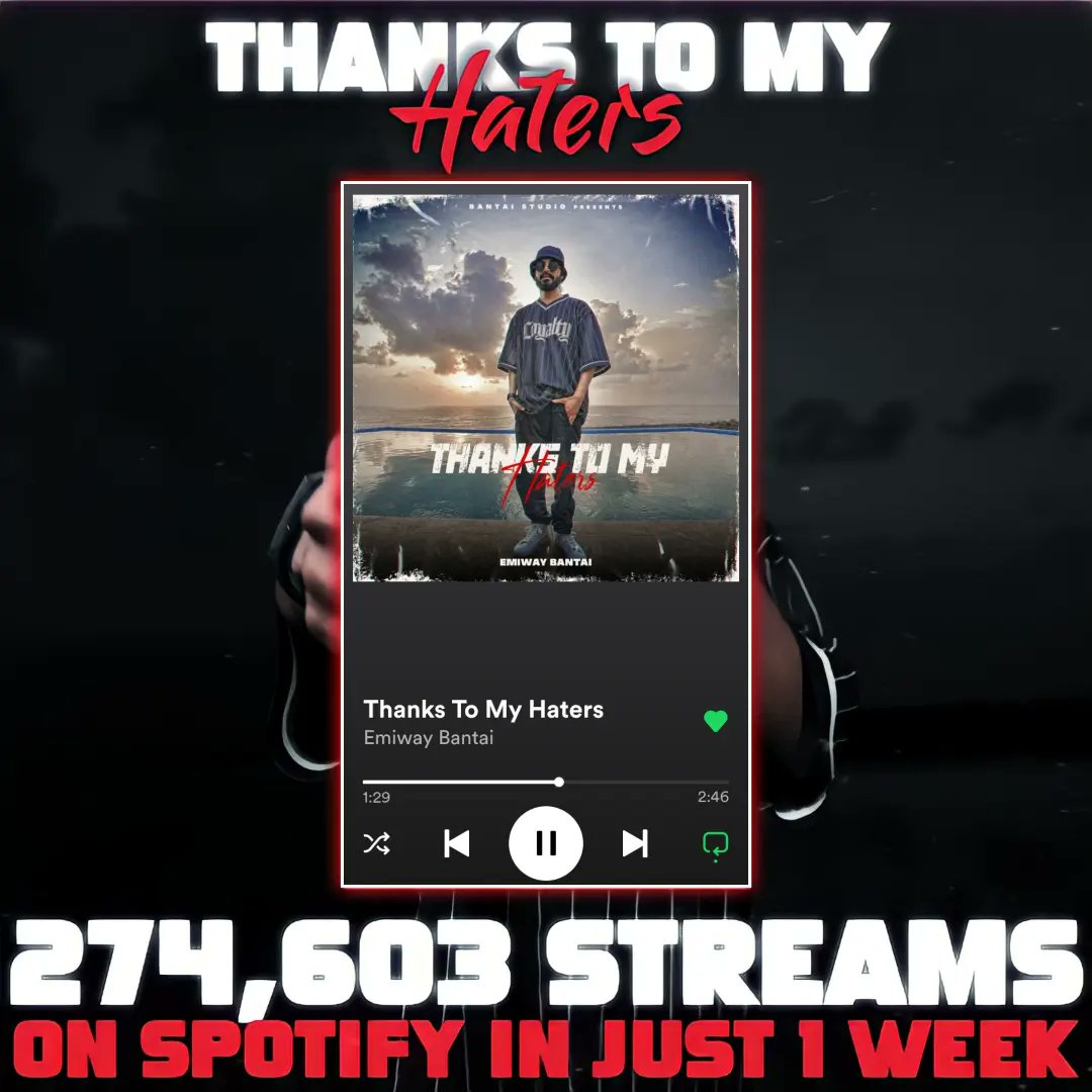 EmiwayMuhfaad's tweet photo. 274k+ Streams on @Spotify in 1 week 💪🏻❤️🚀 macha dale BKP ❤️🔥
#thankstomyhaters #emiwaybantai https://t.co/O0MxcreR0V