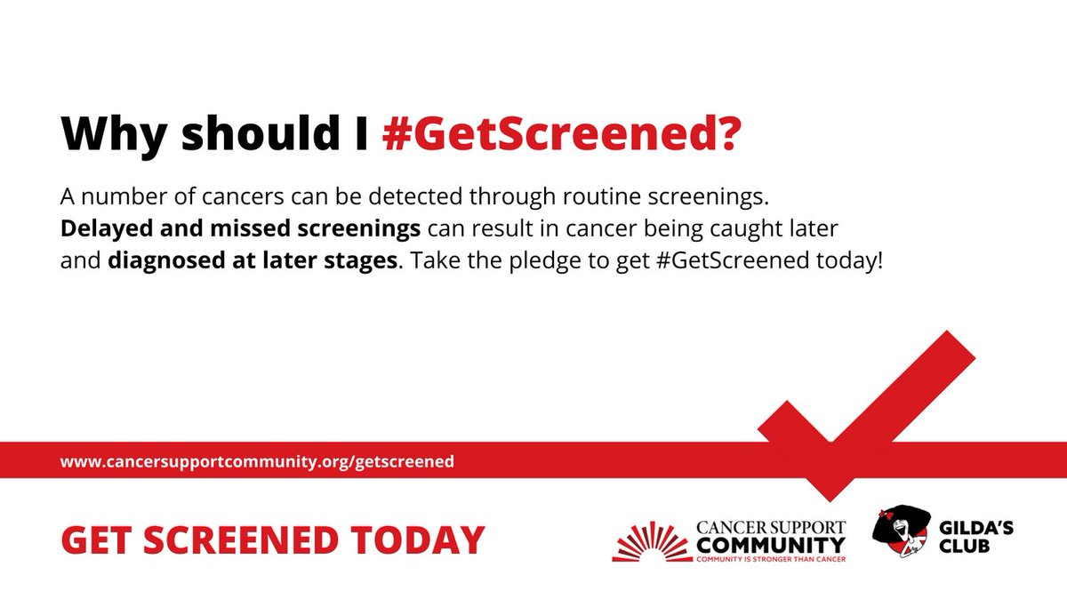 PPServices_CSC's tweet image. A number of cancers can be detected through routine screenings. Delayed and missed screenings can result in cancer being caught later and diagnosed at later stages. Take the pledge to get #GetScreened! cancersupportcommunity.org/getscreened #CancerMoonshot