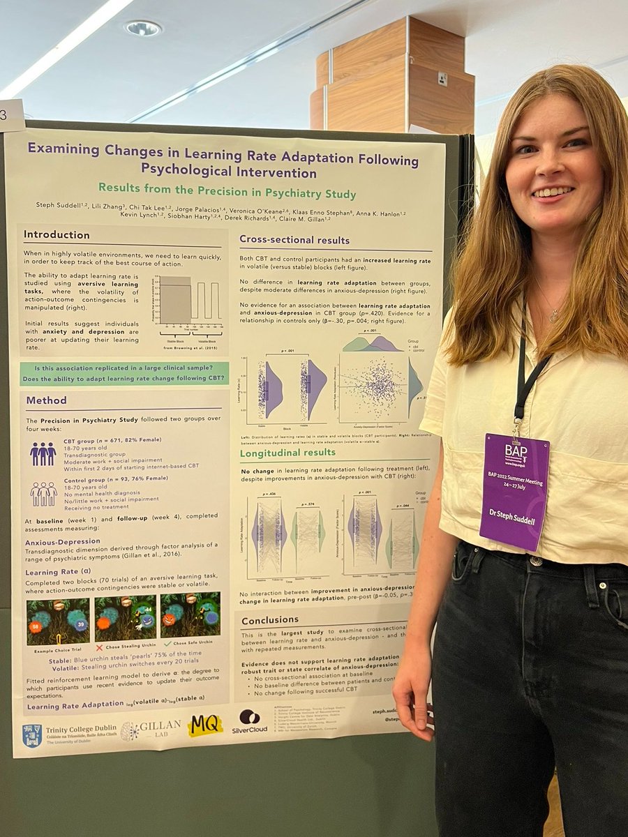 neurekaApp's tweet image. Last but certainly not least, we have @stephsuddell! Steph presented findings on #learningrate adaptation changes following #iCBT intervention 📉 You can also catch Steph&apos;s poster as a short oral presentation at #BAP2022 tomorrow at 15:45