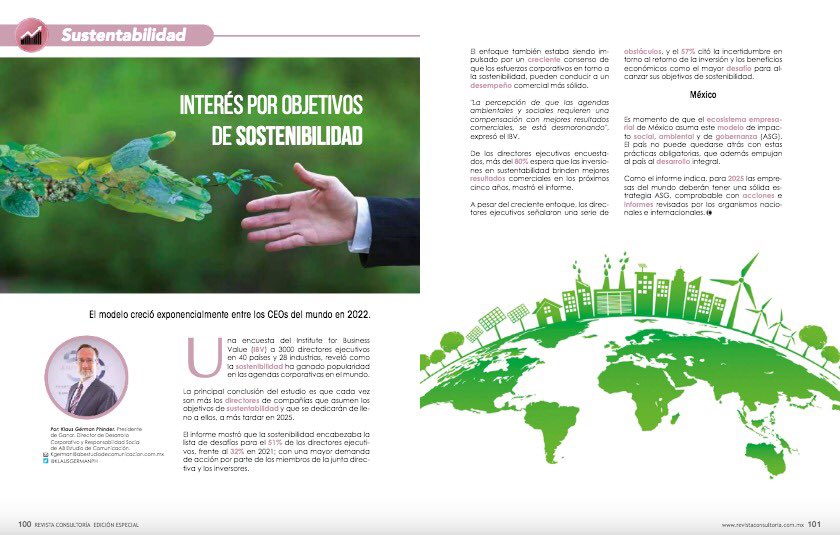 Un gran gusto reaparecer en la edición  especial de las 50 Empresa de #Consultoría Más Importantes en #México 2022, con un artículo sobre cómo han escalado los criterios #ESG entre los #CEOs en el mundo.

¡Busca tu edición de <a href="/RevConsultoria/">Revista Consultoría</a>!