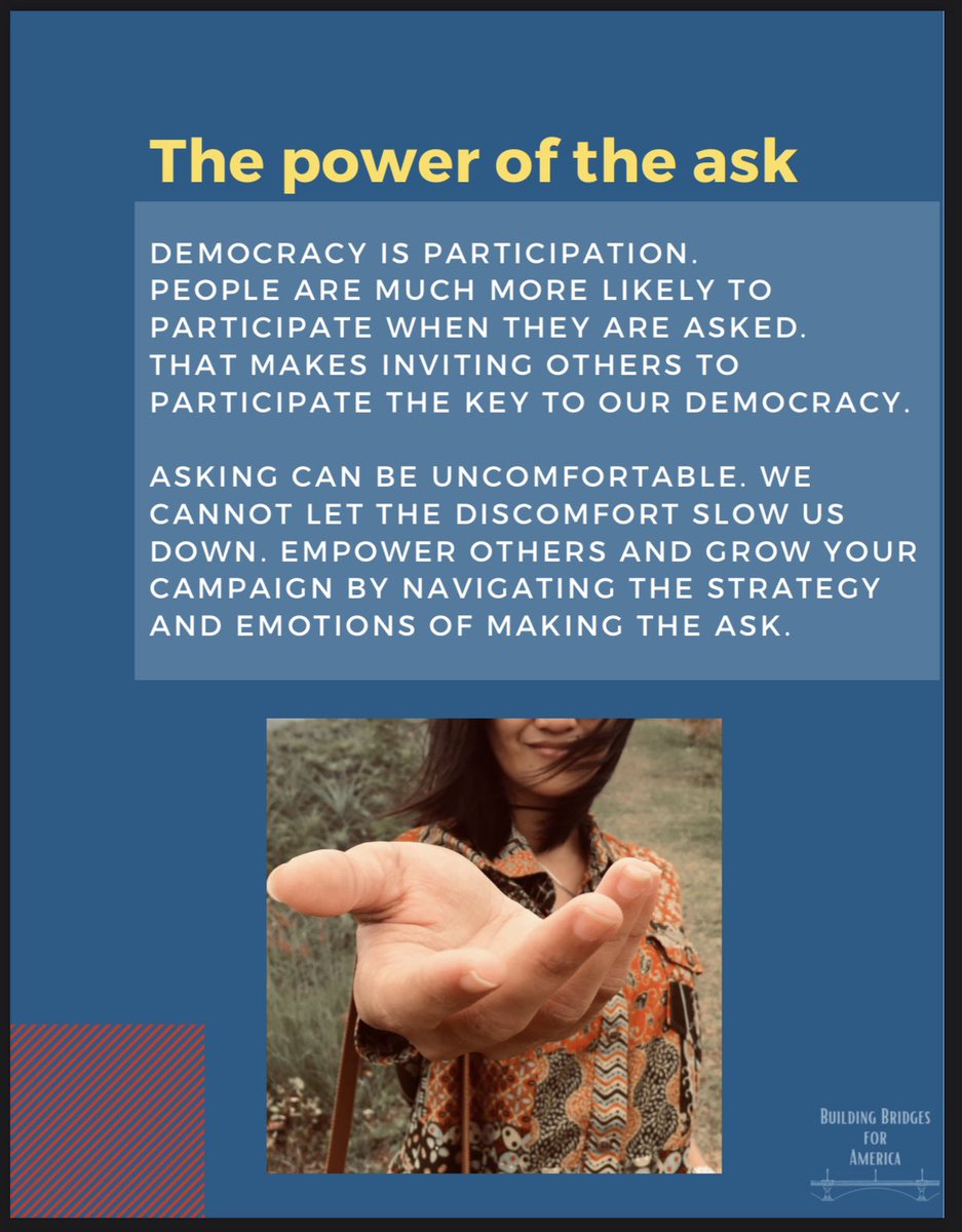 buildbridges4am's tweet photo. Whether it’s an ask to volunteer, to donate or to vote…democracy is participation.
Learn more about the power of the ask tomorrow at 8 pm ET with @CazMar78 leading our free training.
Sign up: https://t.co/D7zQ3BXwfO. #hardask #democracy #grassroots #bb4am https://t.co/3zRQvLXItS