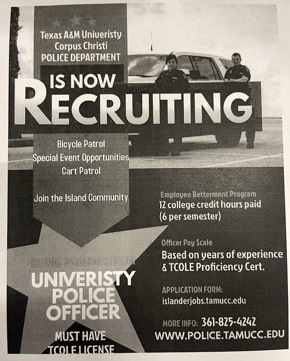 TAMUCCPD's tweet photo. Interested in becoming a Police Officer or Dispatcher? TAMU-CCPD is hiring for both! Come out to the All Law Enforcement Job Fair happening now at DelMar Windward West Campus in the Fema Dome! We'll be here until 3pm. https://t.co/b9s6vZaMiT