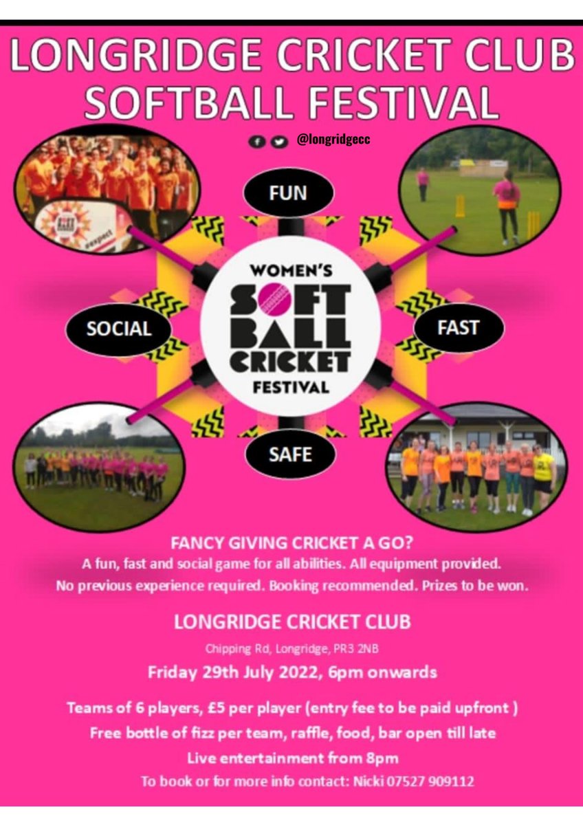 🥂WOMEN’S SOFTBALL FESTIVAL🥂

🏏 Come and join us on Friday for our annual event.

🤩 BBQ, Ice Cream Van, raffle &amp; music until late! 

🍻 £2.50 a pint of fosters and £2 a bottle of Madri, Moretti, Budweiser &amp; Corona. 

⤵️ Details below…