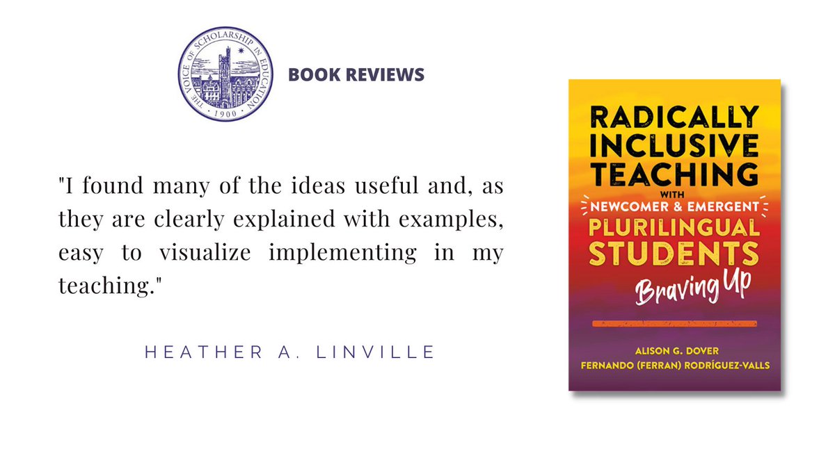 With a call to “brave up” and suggestions on how, Dr. @AlisonDover1 & Dr. Rodríguez-Valls' 'book is a useful guide for anyone interested in improving the teaching & learning of multilingual learners.' Read the review by Dr. Linville: ow.ly/AT2b50JZhOt @UWLaCrosse @TCPress
